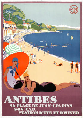 lithographie réalisée en 1927 montrant la plage de Juan-les-Pins, © Conseil Général 06