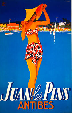 Affiche montrant une jeune femme en tenue d'été, avec, en arrière plan le casino et l'immeuble Le Provençal de Juan-les-Pins, 1937, © Conseil Général 06
