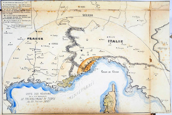 Carte aquarellée de l'impact du tremblement de terre de 1887 le long du littoral méditerranéen  © Conseil Général 06